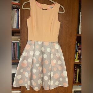 Elegant Peach and Gray Polka Dot Midi Dress